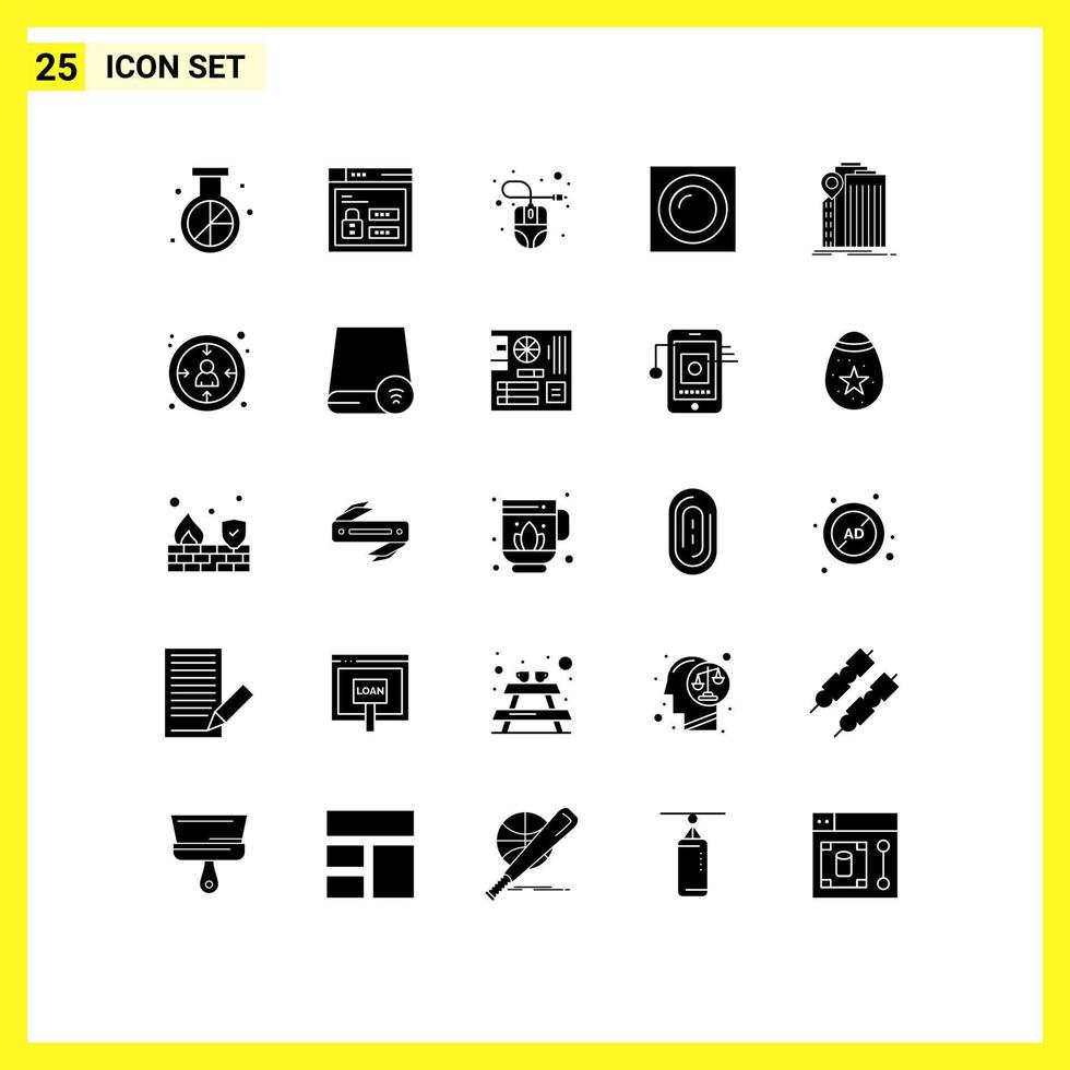 25 Thematic Vector Solid Glyphs and Editable Symbols of bank light code lamp mouse Editable Vector Design Elements