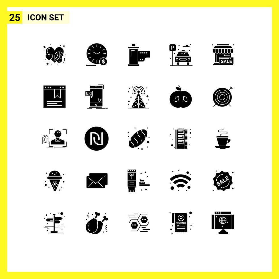 Editable Vector Line Pack of 25 Simple Solid Glyphs of parking life currency city hollywood Editable Vector Design Elements