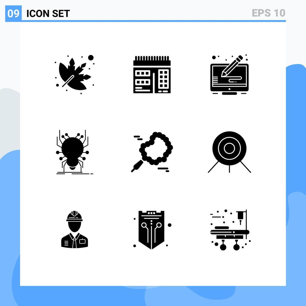 9 Thematic Vector Solid Glyphs and Editable Symbols of praying bead display app spider Editable Vector Design Elements