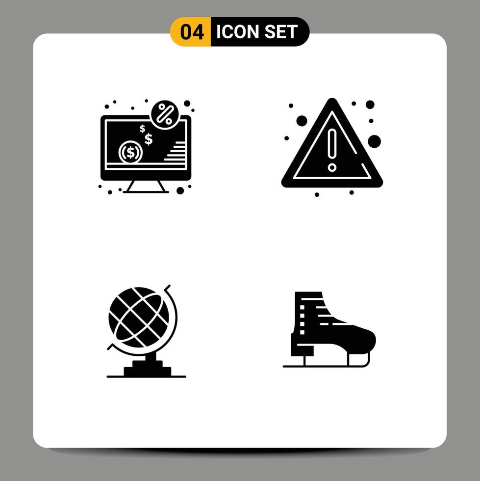 Mobile Interface Solid Glyph Set of 4 Pictograms of computer earth monitor fire globe Editable Vector Design Elements