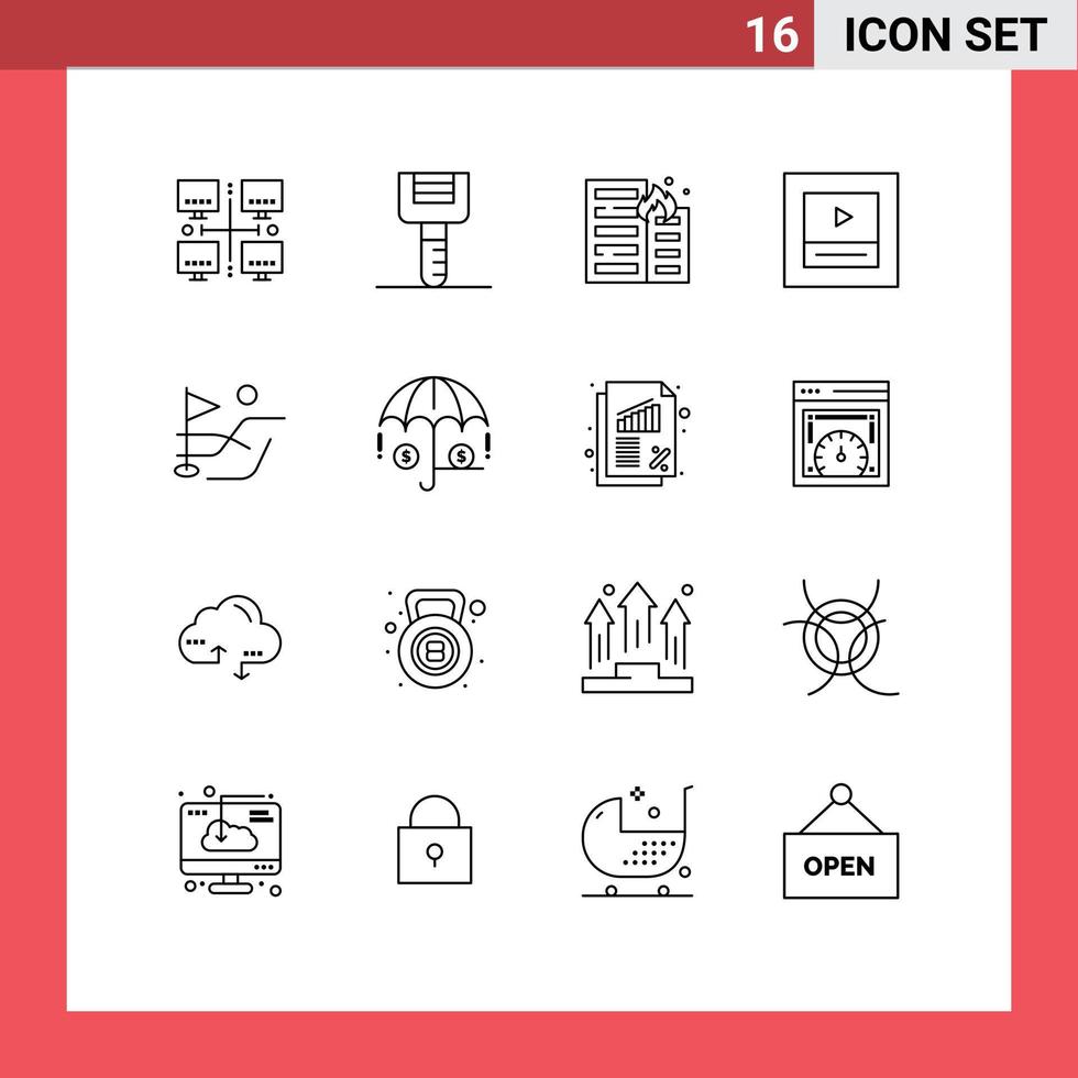 16 Universal Outlines Set for Web and Mobile Applications field wireframe burning player risk Editable Vector Design Elements