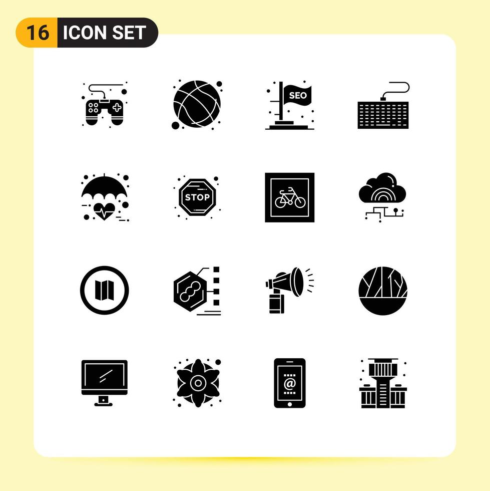 Modern Set of 16 Solid Glyphs Pictograph of insurance type flag keys hardware Editable Vector Design Elements