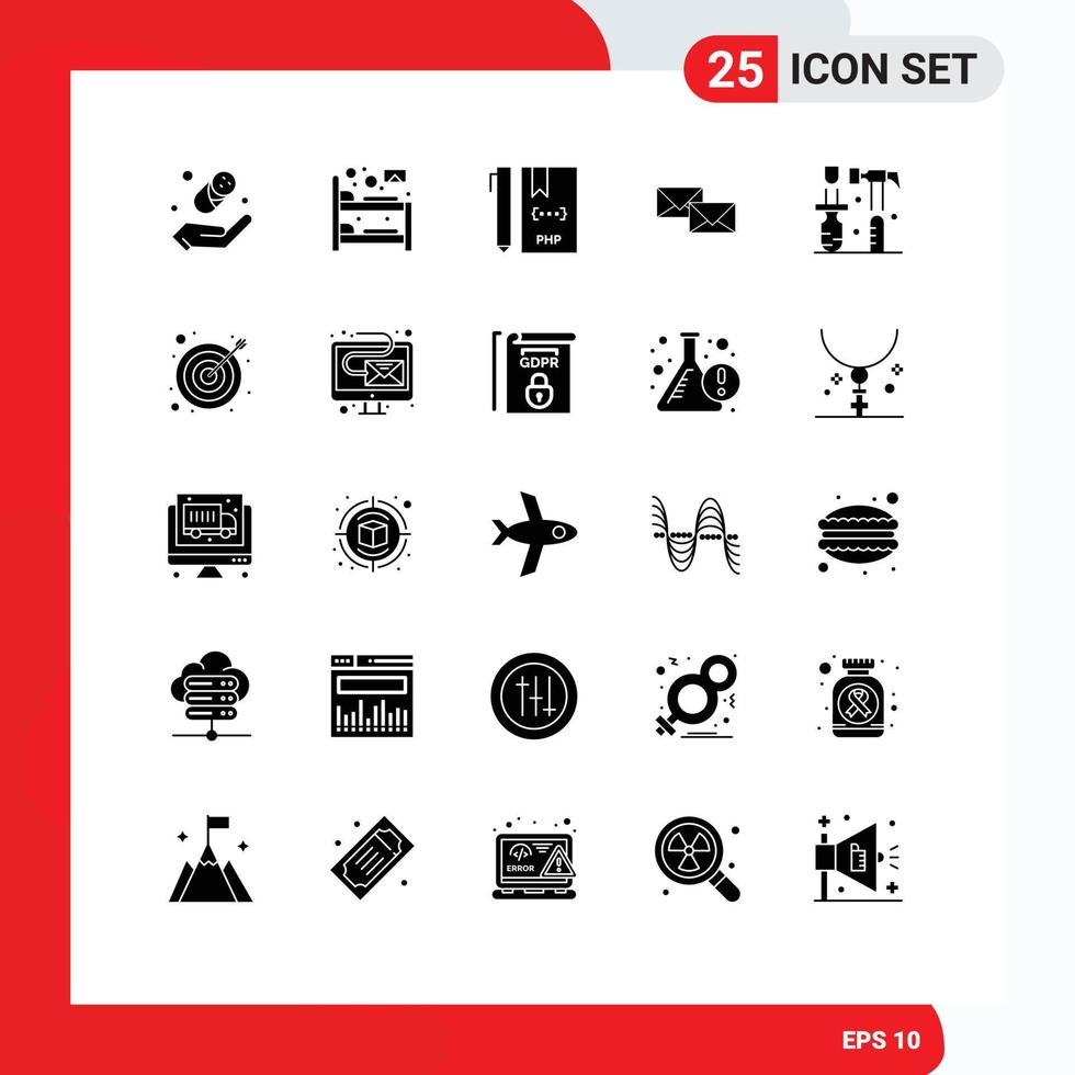 25 User Interface Solid Glyph Pack of modern Signs and Symbols of letter business develop forward mail Editable Vector Design Elements