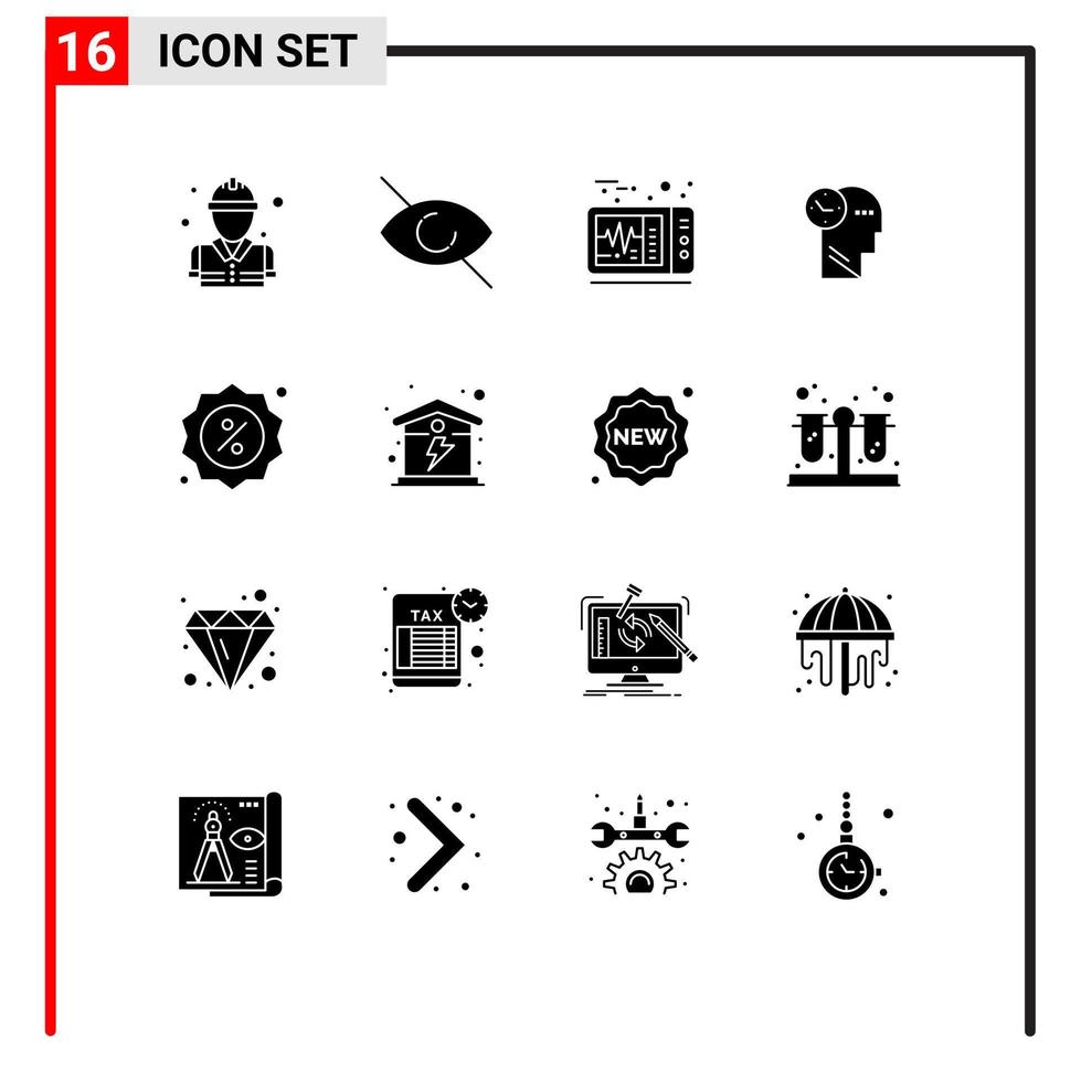 Modern Set of 16 Solid Glyphs Pictograph of shop commerce heart beat badge thoughts Editable Vector Design Elements