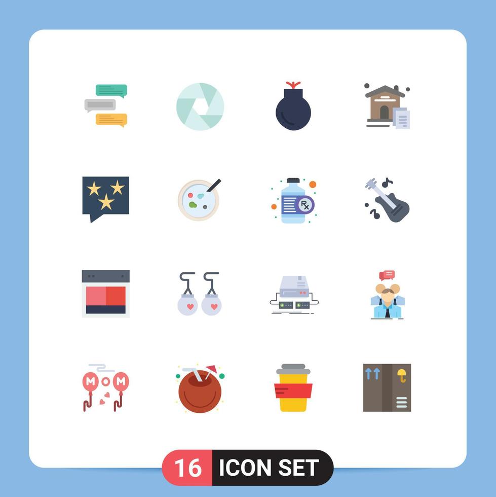 16 Universal Flat Color Signs Symbols of bubble document photo house weapons Editable Pack of Creative Vector Design Elements