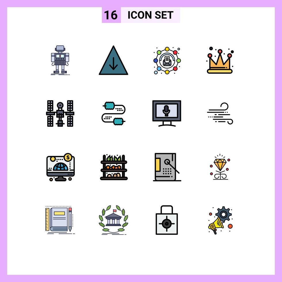 User Interface Pack of 16 Basic Flat Color Filled Lines of platform complex affiliate king crown Editable Creative Vector Design Elements