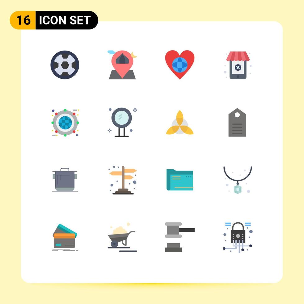 Mobile Interface Flat Color Set of 16 Pictograms of globe shopping map online heart Editable Pack of Creative Vector Design Elements