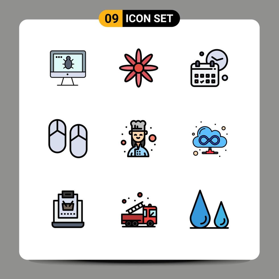 Set of 9 Modern UI Icons Symbols Signs for cook slippers date picnic beach Editable Vector Design Elements