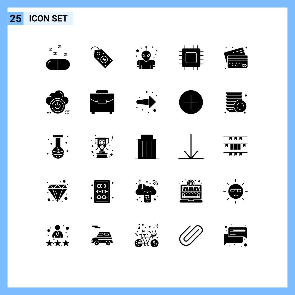 Solid Glyph Pack of 25 Universal Symbols of credit banking planet hardware devices Editable Vector Design Elements