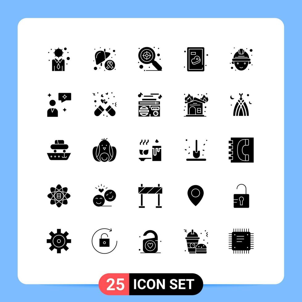 25 User Interface Solid Glyph Pack of modern Signs and Symbols of worker labour sick steak beef Editable Vector Design Elements