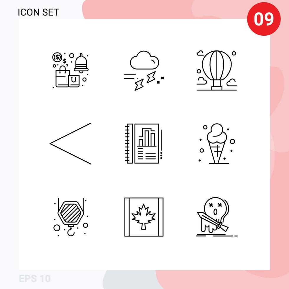 Set of 9 Vector Outlines on Grid for previous arrow rainy sky cloud Editable Vector Design Elements