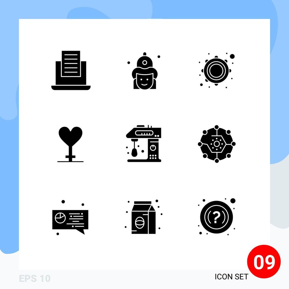 Modern Set of 9 Solid Glyphs and symbols such as cook appliances instrument symbol heart Editable Vector Design Elements