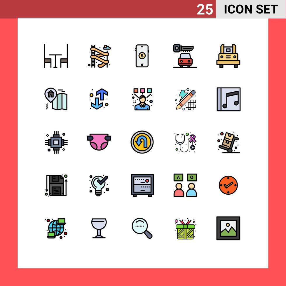 Universal Icon Symbols Group of 25 Modern Filled line Flat Colors of travel transport shopping school bus security Editable Vector Design Elements