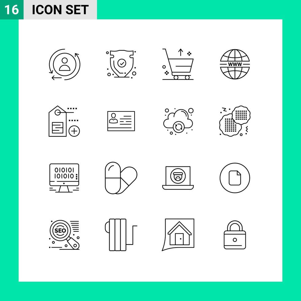 conjunto moderno de 16 contornos y símbolos, como elementos de diseño de vectores editables de Internet del sistema de carrito web de etiquetas