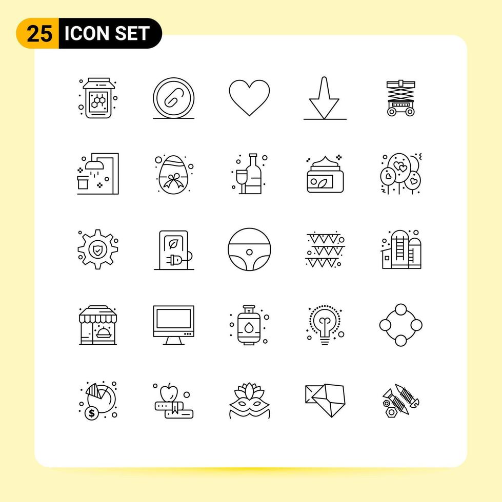 Line Pack of 25 Universal Symbols of forklift down heart bottom report Editable Vector Design Elements