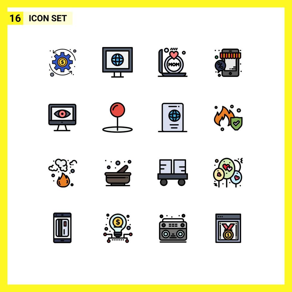 Pictogram Set of 16 Simple Flat Color Filled Lines of surveillance computer mom shop sale Editable Creative Vector Design Elements