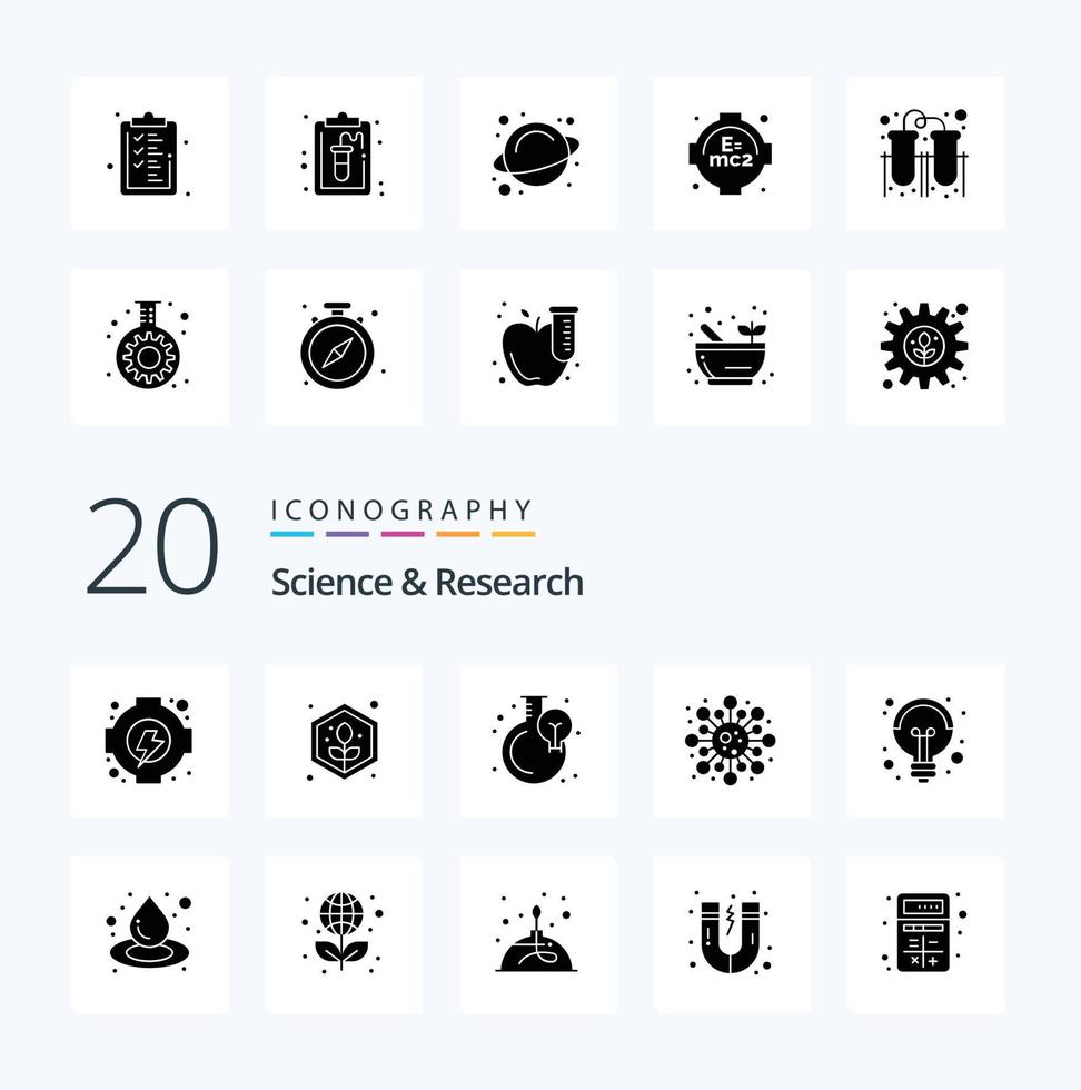 20 Science Solid Glyph icon Pack like light electricity flask study molecule vector