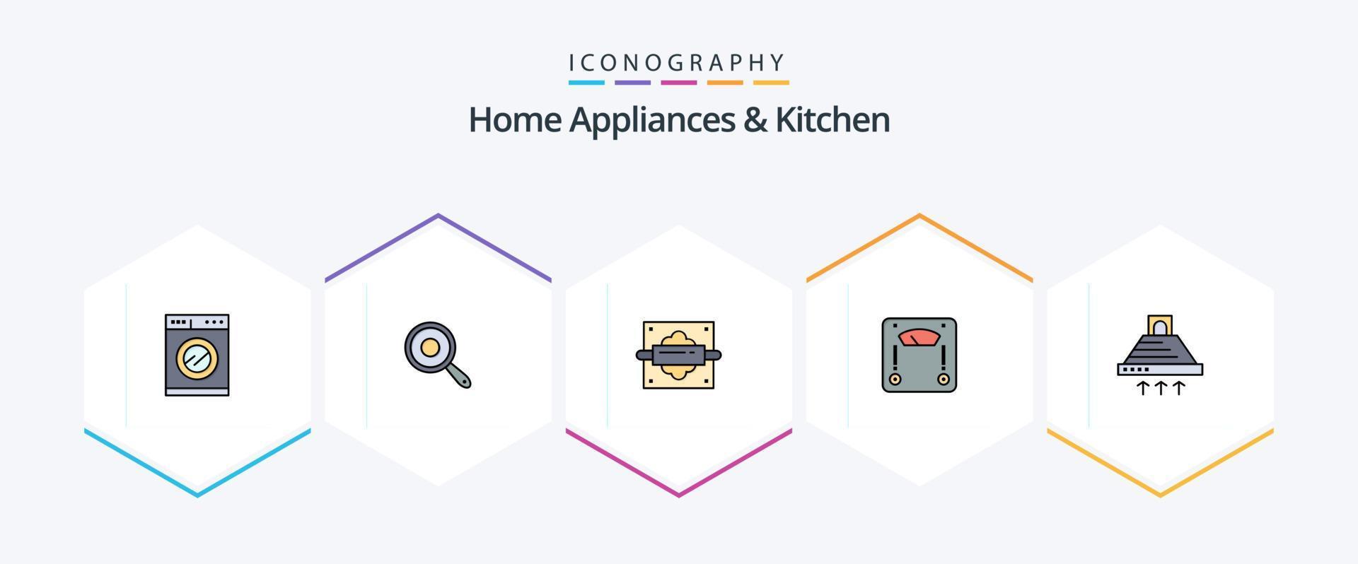 Home Appliances And Kitchen 25 FilledLine icon pack including kitchen. hood. pin. weight. scale vector