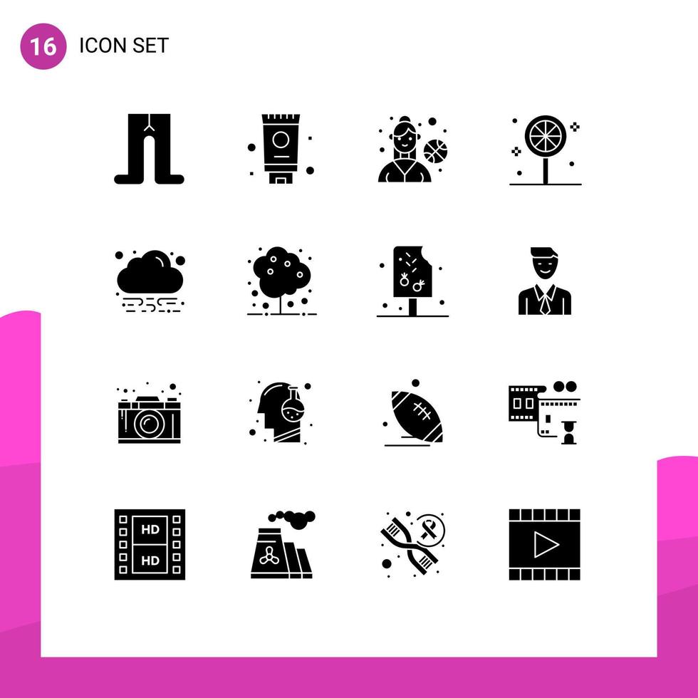 Group of 16 Solid Glyphs Signs and Symbols for nature agriculture outdoor game cloud energy Editable Vector Design Elements