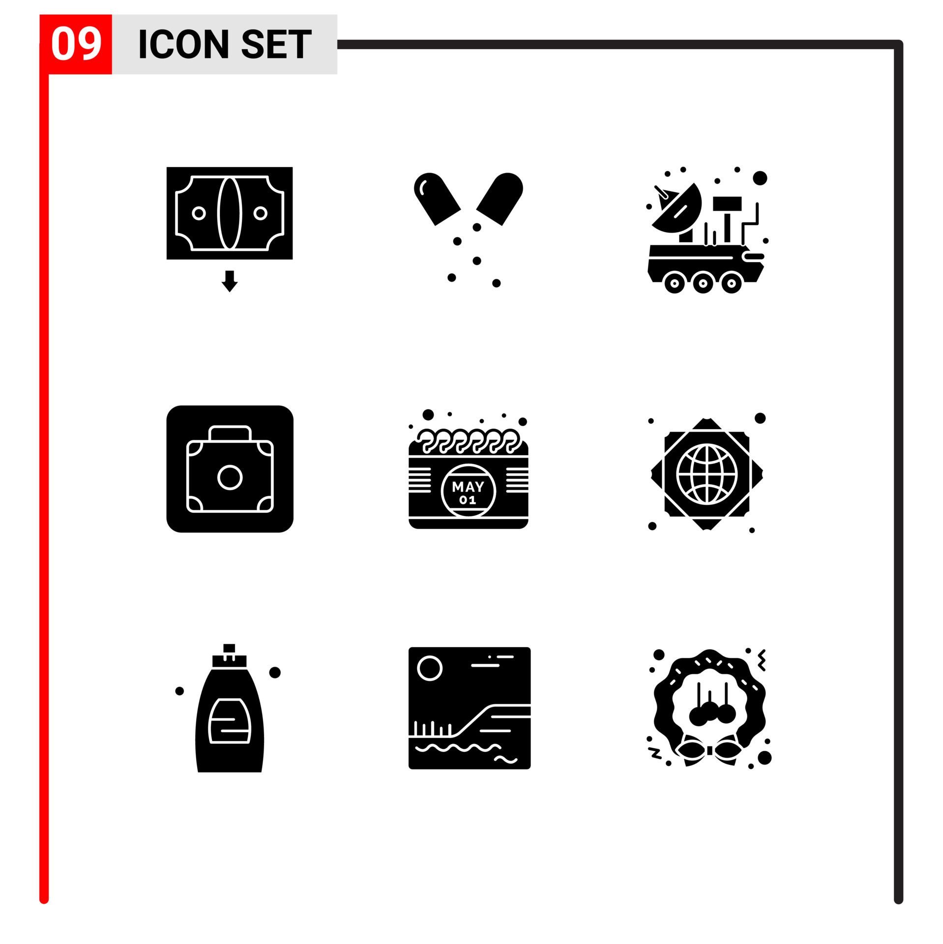9 Solid Glyph concept for Websites Mobile and Apps calendar luggage car