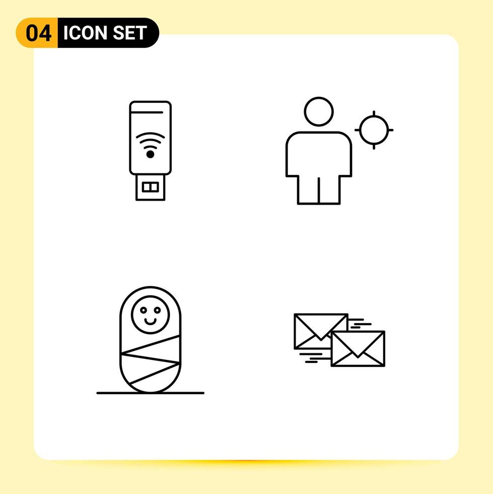 4 Universal Line Signs Symbols of usb child signal human mail Editable Vector Design Elements