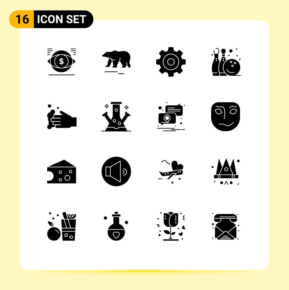 Modern Set of 16 Solid Glyphs Pictograph of hand play canada game bowling pine Editable Vector Design Elements