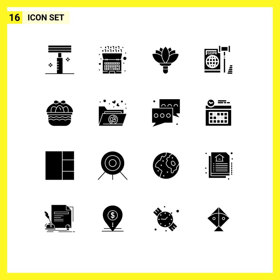 Mobile Interface Solid Glyph Set of 16 Pictograms of basket law flower gdpr business Editable Vector Design Elements