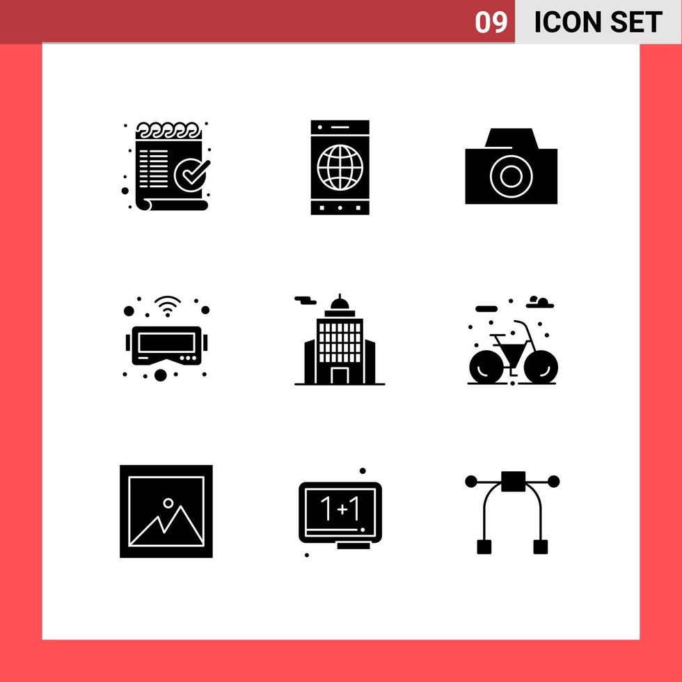 Universal Icon Symbols Group of 9 Modern Solid Glyphs of museum building world administration goggles Editable Vector Design Elements