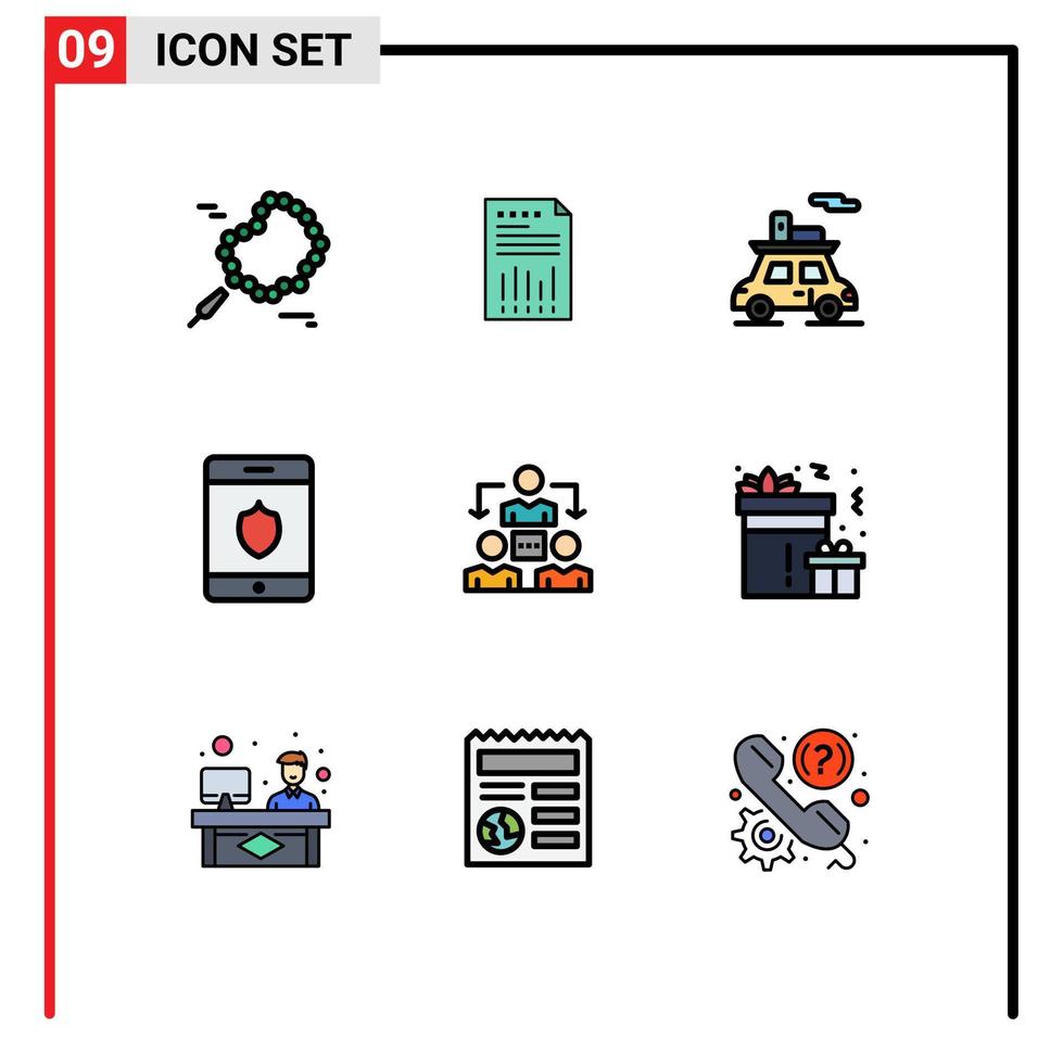conjunto de colores planos de línea de relleno de interfaz móvil de 9 pictogramas de protección de conexión transporte de seguridad de papel elementos de diseño vectorial editables vector
