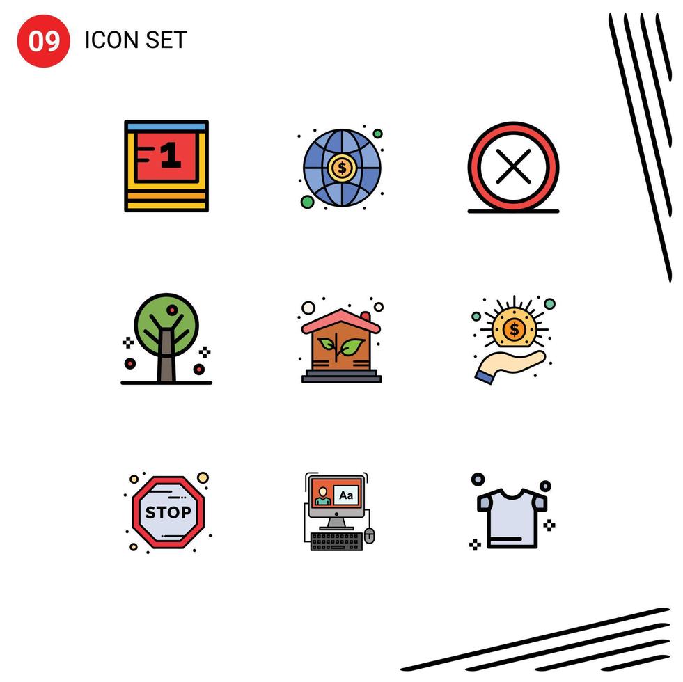 9 User Interface Filledline Flat Color Pack of modern Signs and Symbols of investment eco close tree nature Editable Vector Design Elements