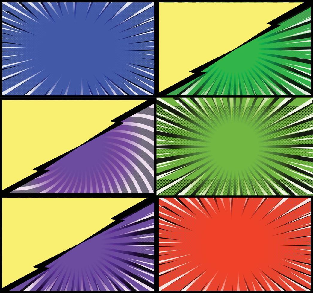 Comic book colorful frames background with halftone rays radial and dotted effects pop art style vector