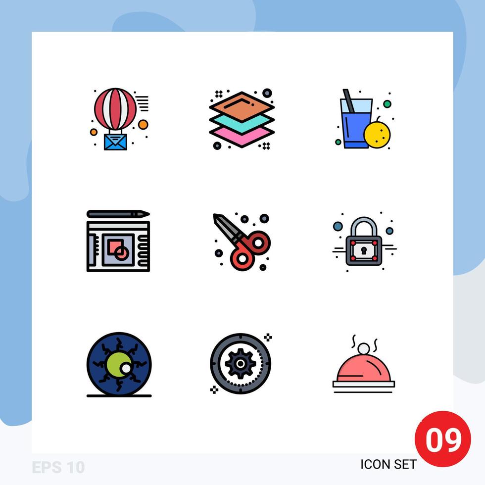 9 Universal Filledline Flat Colors Set for Web and Mobile Applications scissors graphic design juice success layout Editable Vector Design Elements