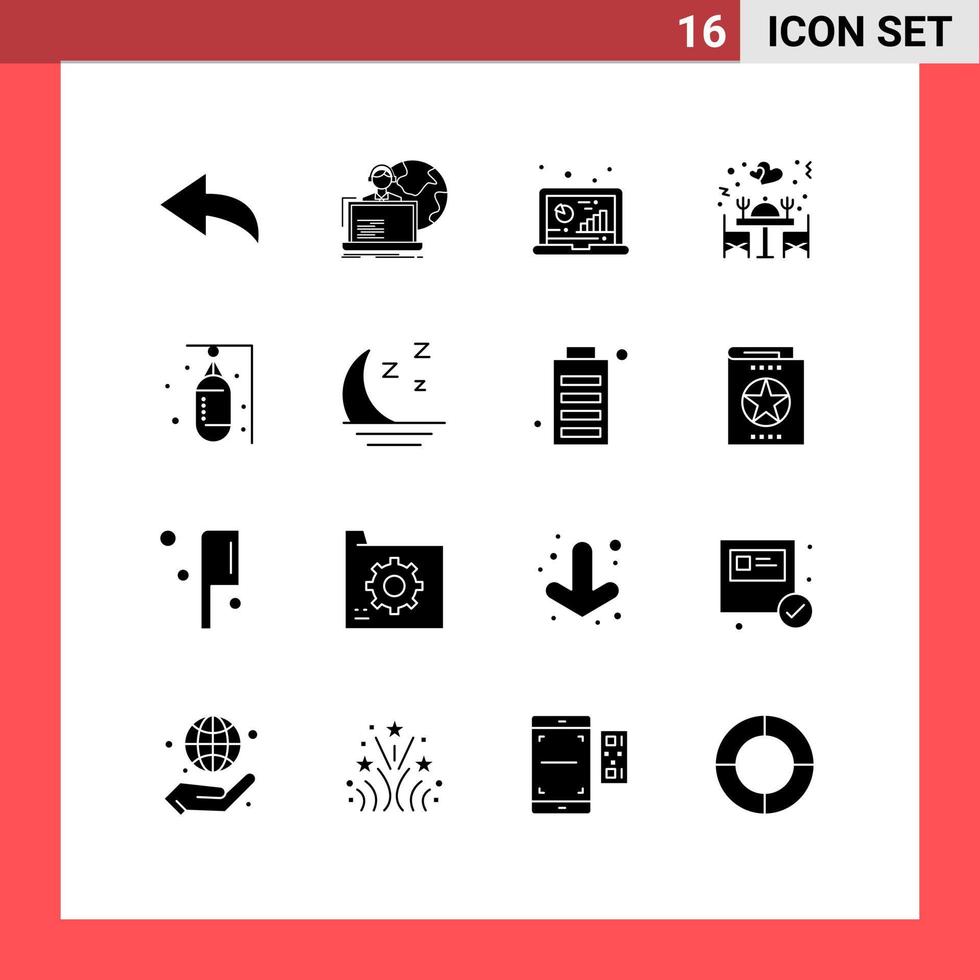conjunto moderno de 16 glifos y símbolos sólidos, como elementos de diseño de vectores editables de la cena del restaurante analítico de la mesa del boxeador