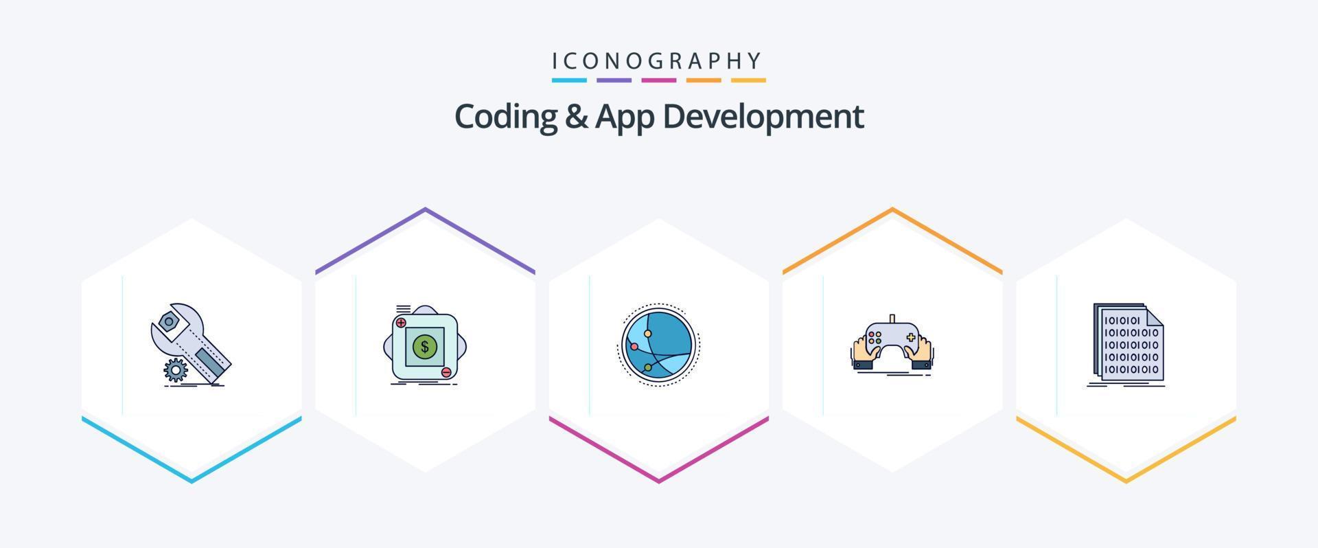 codificación y desarrollo de aplicaciones Paquete de iconos de 25 líneas completas que incluye dispositivos móviles. juego. solicitud. red. conexión vector