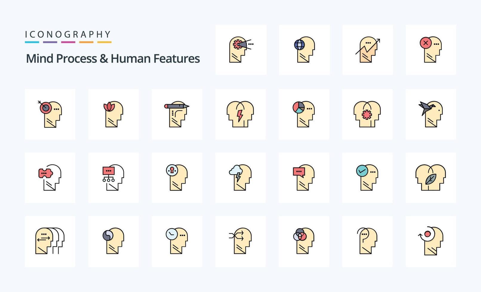 paquete de iconos de estilo lleno de línea de 25 procesos mentales y características humanas vector