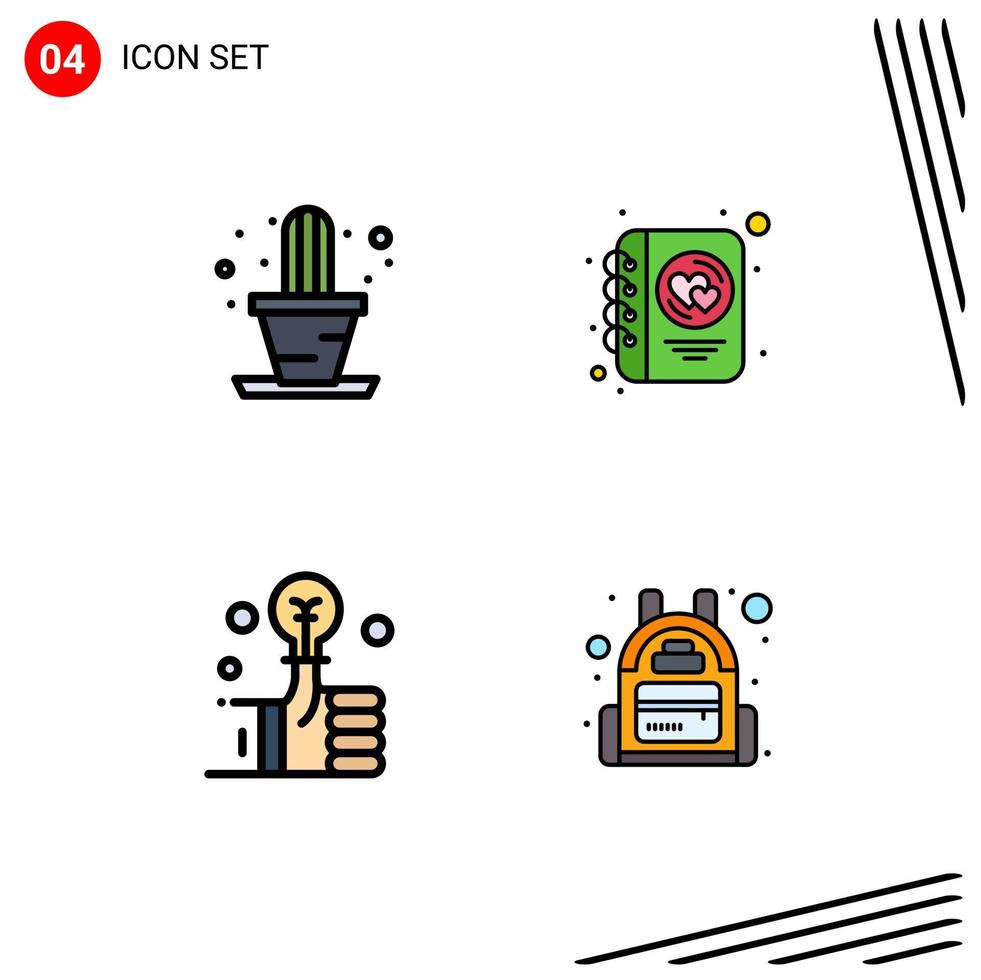 Filledline Flat Color Pack of 4 Universal Symbols of cactus investment diary writing backpack Editable Vector Design Elements