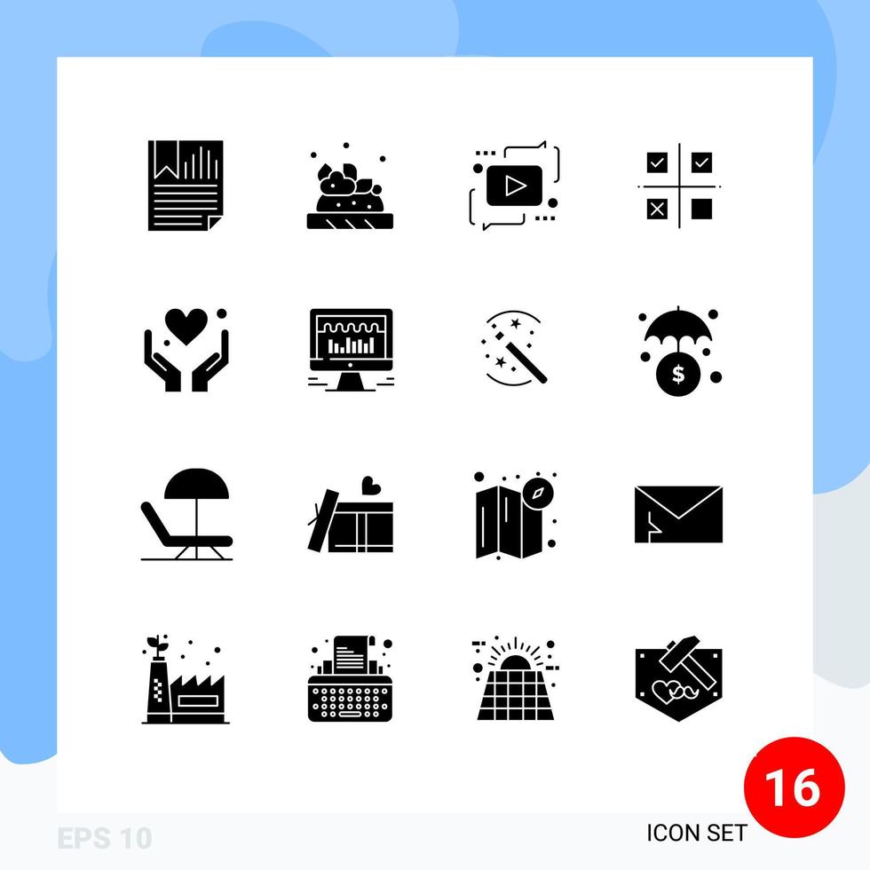 Set of 16 Vector Solid Glyphs on Grid for production priorities advertising management play Editable Vector Design Elements