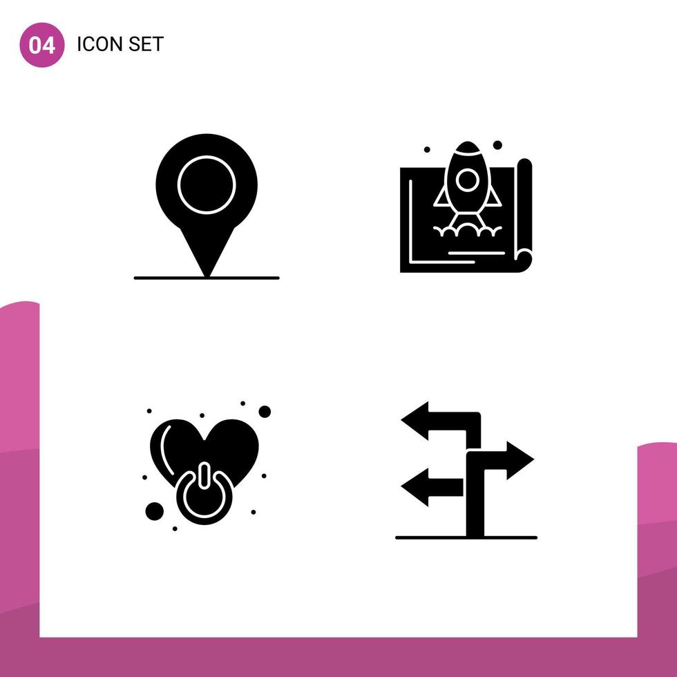 Modern Set of 4 Solid Glyphs and symbols such as location power launch promote love Editable Vector Design Elements