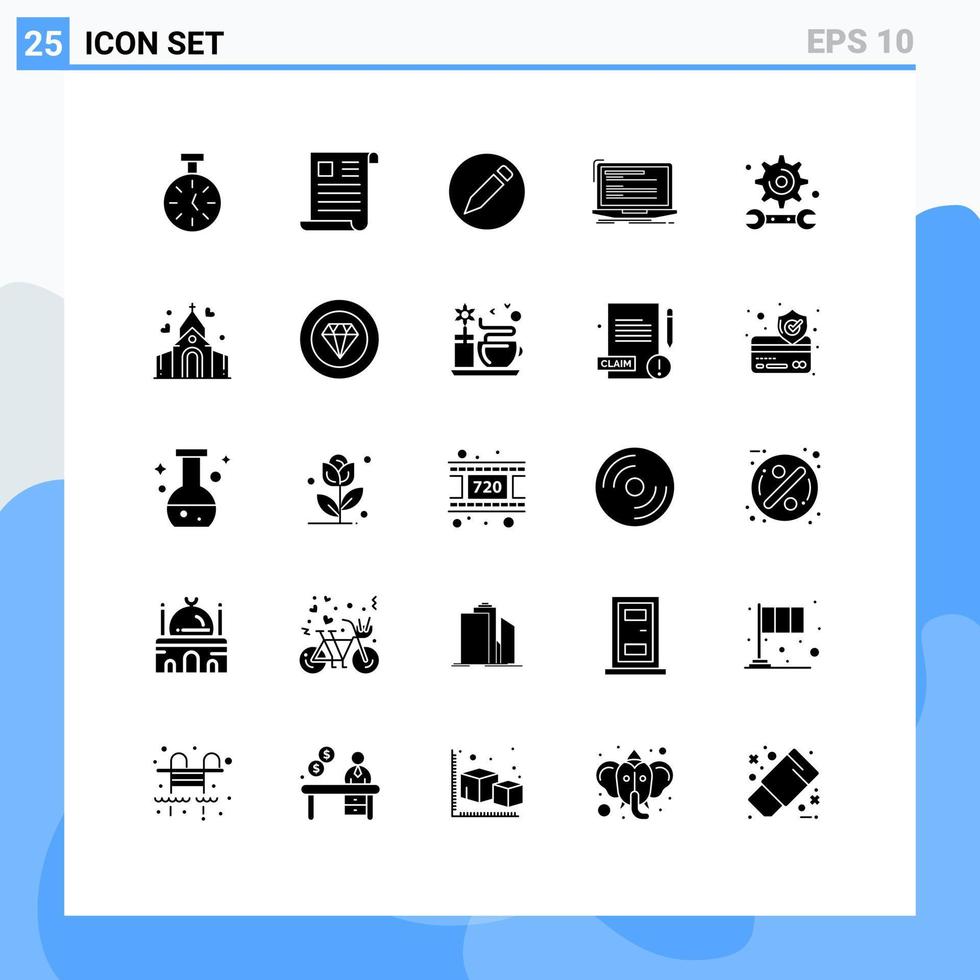 Set of 25 Vector Solid Glyphs on Grid for academy monoblock paper computer code Editable Vector Design Elements