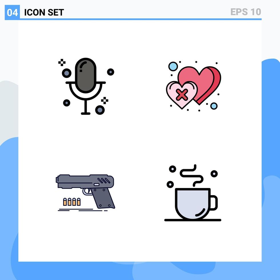 Set of 4 Vector Filledline Flat Colors on Grid for audio handgun record love shooter Editable Vector Design Elements