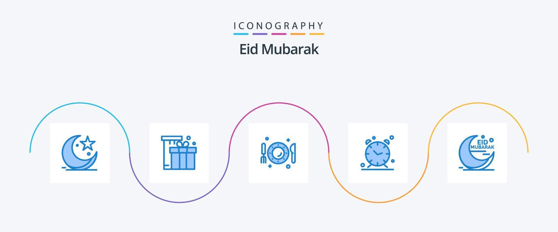 paquete de iconos eid mubarak blue 5 que incluye la hora. alarma. Eid. tenedor. cena vector