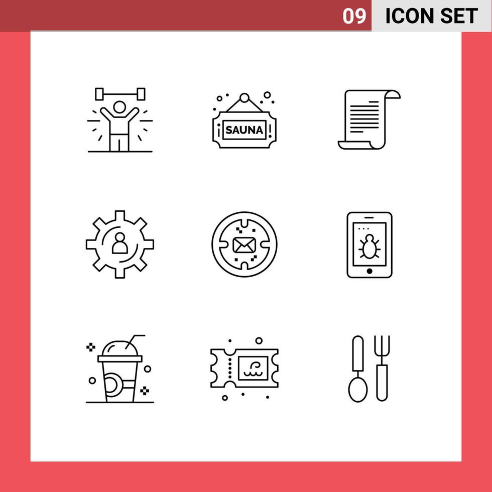 Pack of 9 Modern Outlines Signs and Symbols for Web Print Media such as productivity person tag gear usa Editable Vector Design Elements