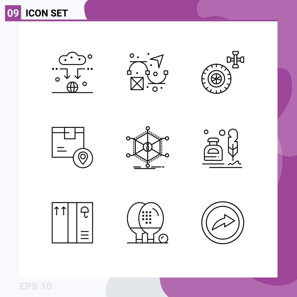 Pack of 9 Modern Outlines Signs and Symbols for Web Print Media such as info data service product location Editable Vector Design Elements