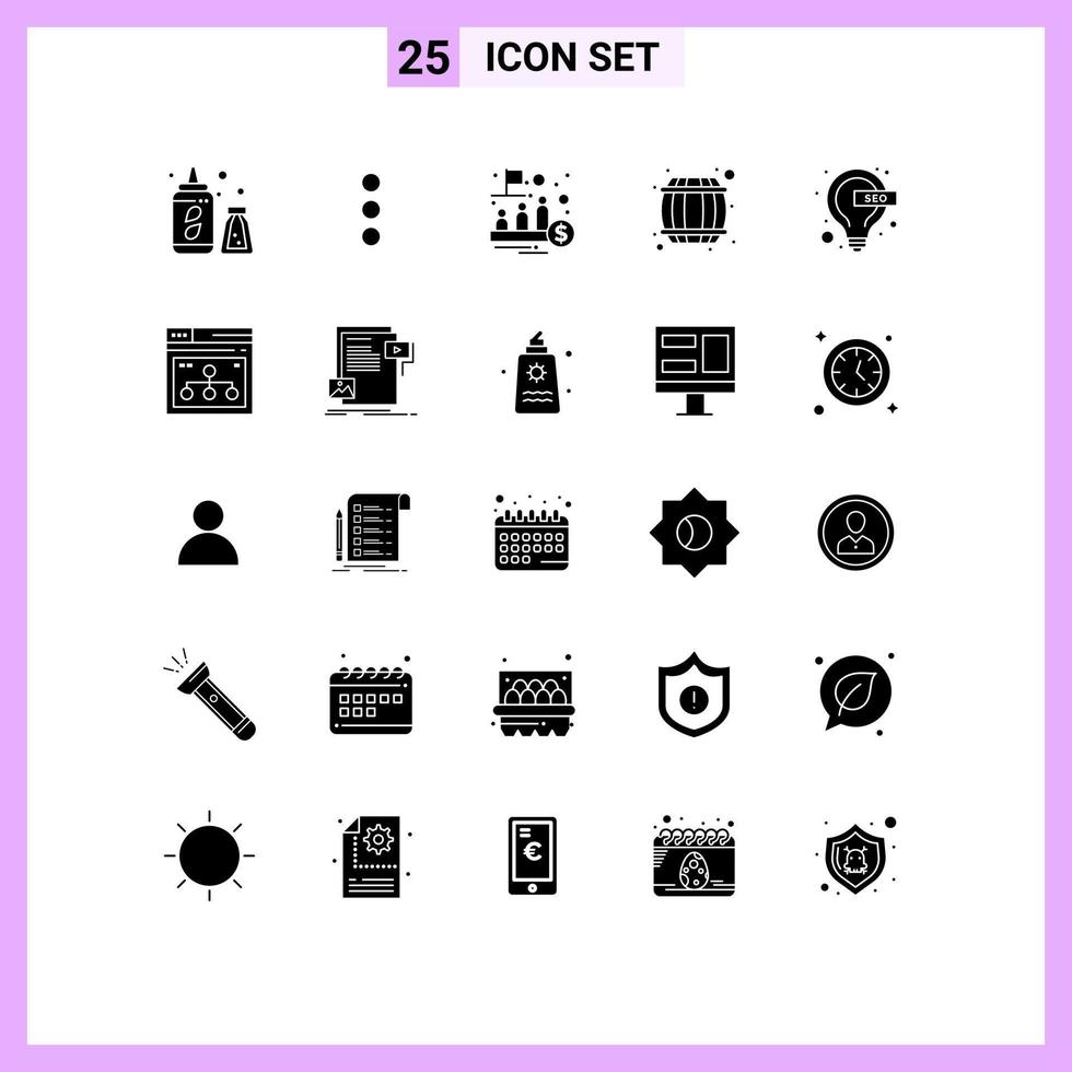 Group of 25 Solid Glyphs Signs and Symbols for lamp bulb management drink beer barrel Editable Vector Design Elements