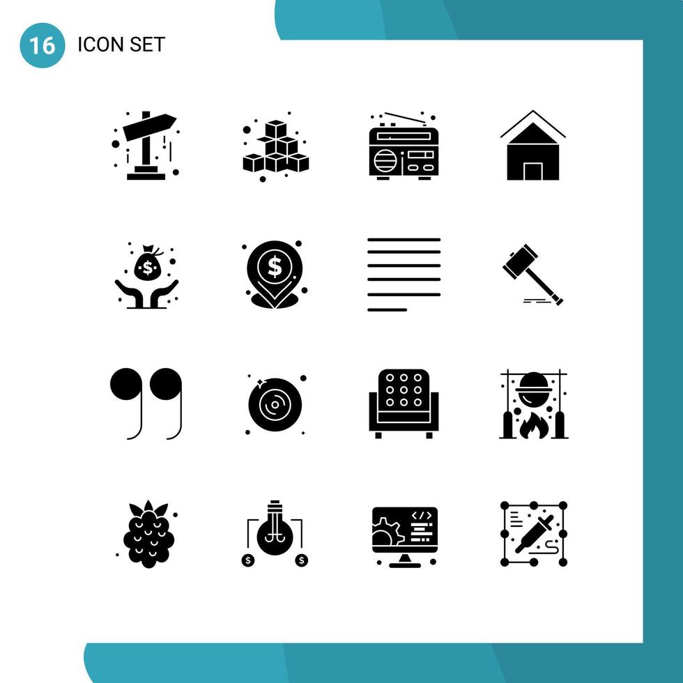 16 signos de glifos sólidos universales símbolos de la casa capital jugar construcción de viviendas elementos de diseño vectorial editables vector