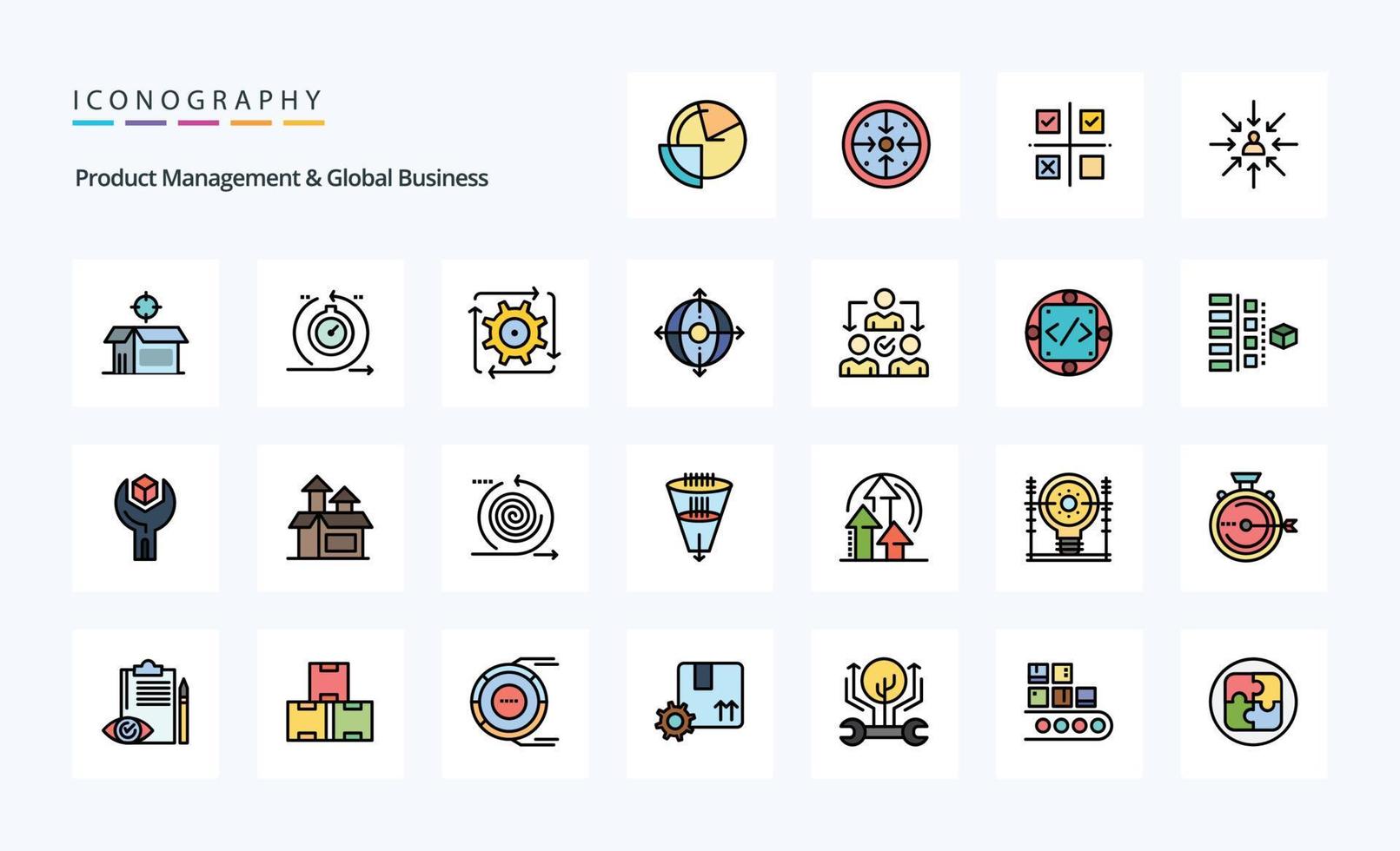 Paquete de iconos de estilo lleno de línea de negocio global y gestión de 25 productos vector