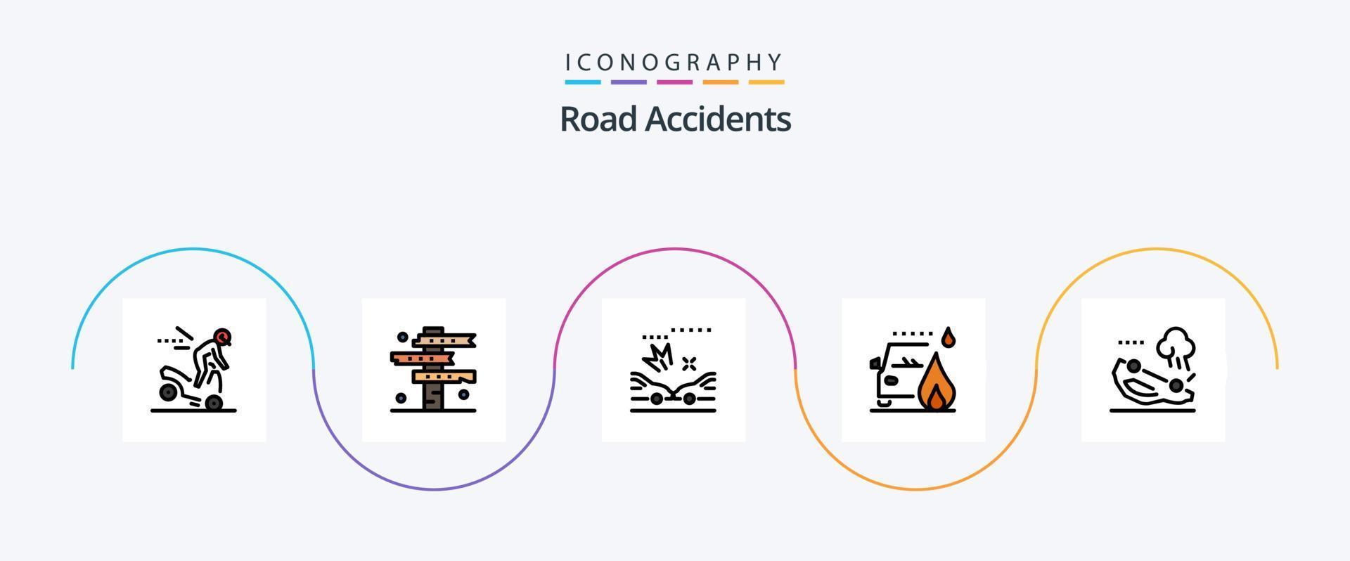 la línea de accidentes de tráfico llenó el paquete de iconos planos 5 que incluye el automóvil. la carretera. Oeste. fuego. accidente vector