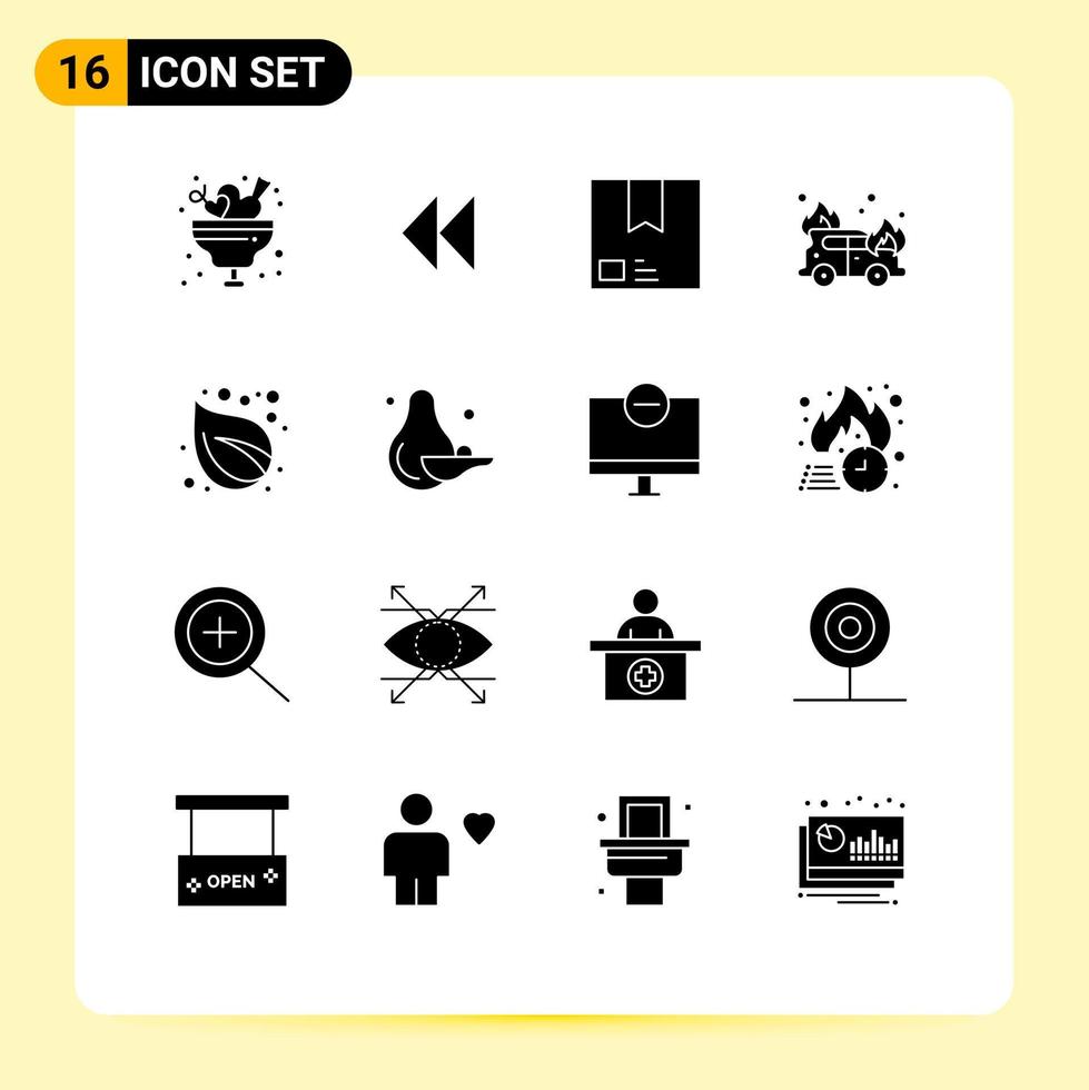 User Interface Pack of 16 Basic Solid Glyphs of firefighter car video shipment package Editable Vector Design Elements