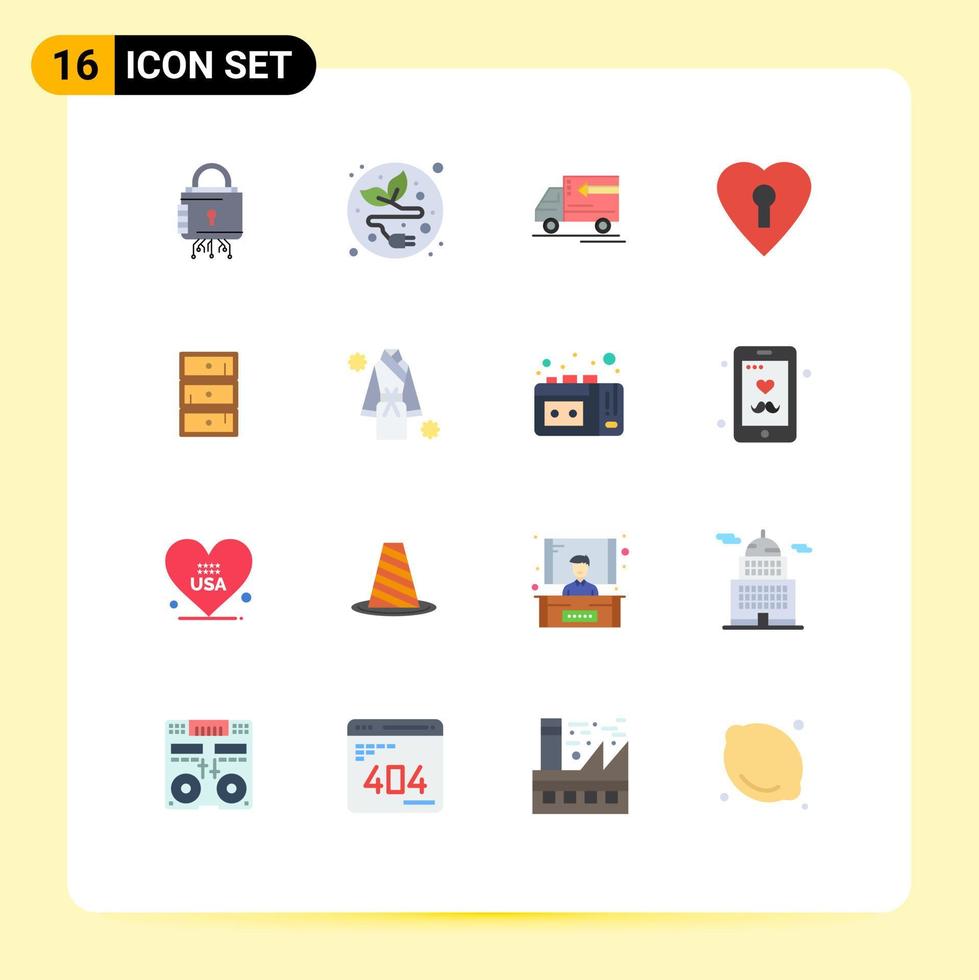 Editable Vector Line Pack of 16 Simple Flat Colors of closet safe truck private heart Editable Pack of Creative Vector Design Elements