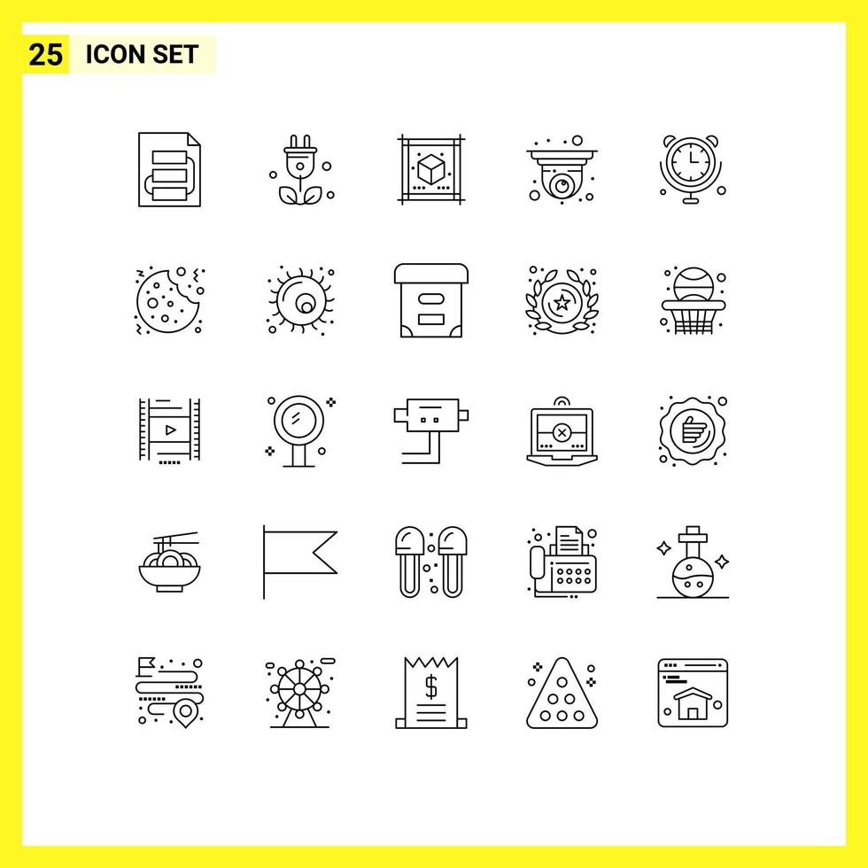 paquete de 25 líneas modernas, signos y símbolos para medios de impresión web, como elementos de diseño de vectores editables de hoja cctv de ciencia de seguridad de reloj